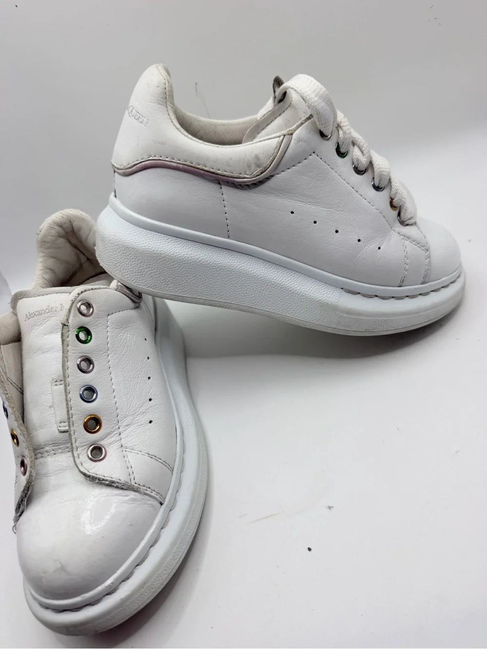 Alexander McQueen White Kids Platform Sneakers with Multicolor Eyelets